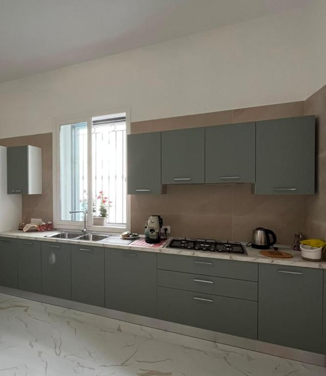 Cucina moderna verde salvia completa di piano cottura, forno e microonde